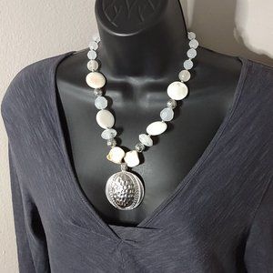 Shell And Plastic Bead Necklace With Round Metal Pendant 20 To 22 Inches Long